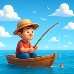3D cartoon image of a boy fishing on a wooden boat