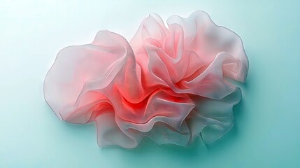 A close-up shot of flowing pink organza fabric with soft folds and curves, set against a light blue backdrop.
