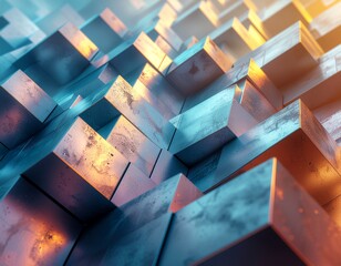 Dynamic angled cubes are arranged to create a bold geometric structure with strong modern depth
