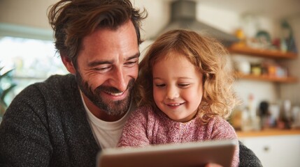 In a warm kitchen, a father and his young daughter are happily engaged with a tablet. They share smiles as they explore content together in a relaxed afternoon mood.