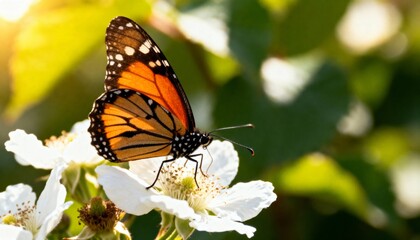 Fototapeta premium Monarch butterfly perched on white flower in soft golden sunlight, bokeh background, nature macro
