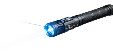 Powerful tactical flashlight emitting a bright blue laser beam in the dark graphic