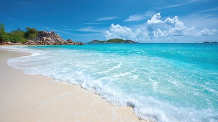 Soft waves roll onto a pristine sandy beach with vibrant turquoise water. Fluffy clouds drift in the bright blue sky, creating a serene tropical atmosphere.