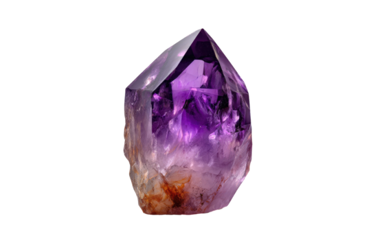 A faceted, vibrant purple crystal with a translucent quality on a stark black background
