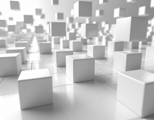 Lightweight 3D cubes are scattered across an airy geometric composition creating a smooth modern dimensional scene
