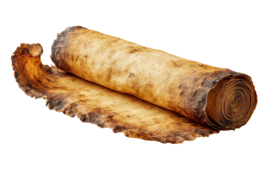 A partially unrolled, aged scroll with burnt edges, textured, revealing tight inner rolls