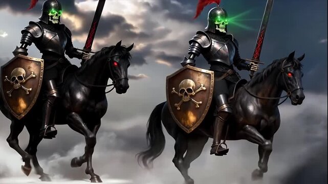 Spectral Reapers: Undead Knights on Black Steeds with Glowing Eyes