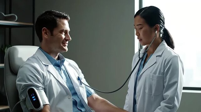 Doctor checks patient blood pressure in modern clinic setting.