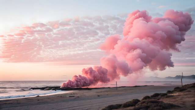 Pink Smoke Cloud Drifting Over a Beach and Ocean at Sunset graphic design