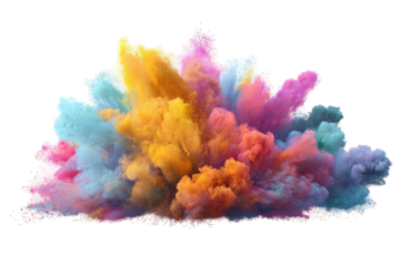 A vibrant explosion of colored powder against a stark black backdrop, showing a burst of hues