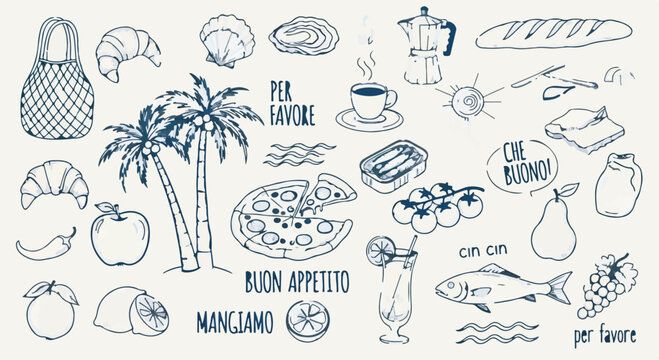Hand-drawn vector set of Italian food, travel, and vacation doodles with culture phrases