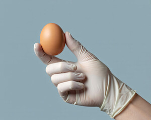 Gloved hand carefully holding a fresh brown egg, symbolizing food safety, hygiene, or culinary preparation in a clean cooking environment