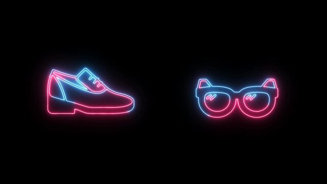 Neon blue and pink outlines of a shoe and glasses glow against a alpha channel transparency
