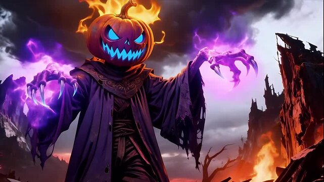 Flaming Jack-O'-Lantern Lich: Cursed Pumpkin Sorcerer in Haunted Ruins