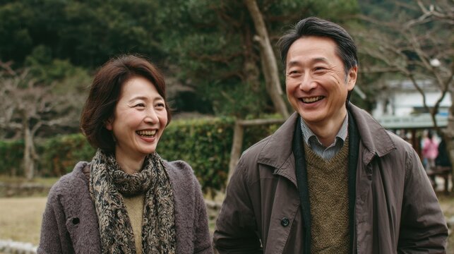 A couple walks joyfully through a peaceful park in Japan. They share smiles and laughter as they enjoy each other's company amidst nature and trees.