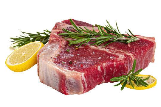 A raw, thick-cut t-bone steak, seasoned with rosemary, lemon, and spices - Powered by Adobe