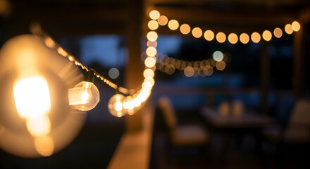Close-up of illuminated string lights with a blurred background of a patio setting at dusk.