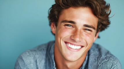 A young man is smiling brightly with curly hair, wearing a striped shirt. He is posed in front of a solid blue background, showing a cheerful and relaxed demeanor.