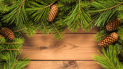 Christmas holiday background with fir branches and pine cones over a rustic wooden table. Top view with copy space for text.