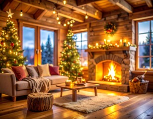 Fototapeta premium A cozy, rustic cabin living room is warmly illuminated by holiday lights and a blazing fireplace