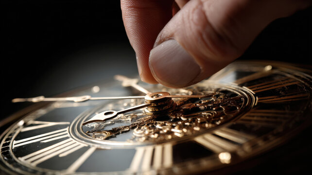 Intricate antique pocket watch with a hand adjusting the time
