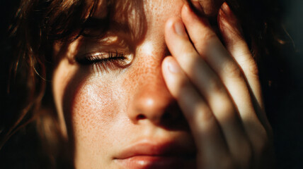 Fototapeta premium A portrait of a person shielding eyes from the bright sunlight 