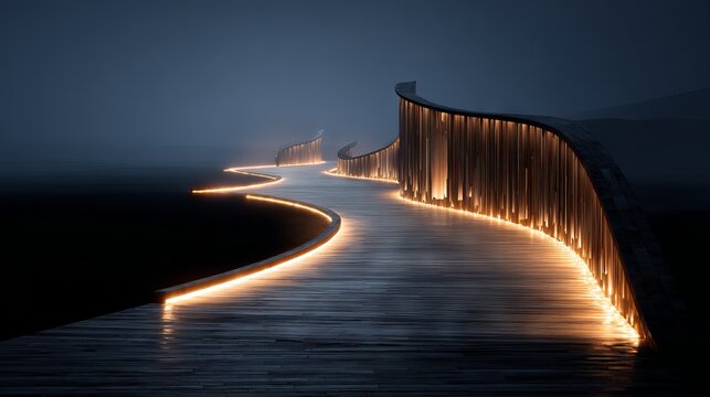 Abstract curved wooden pathway with warm LED lighting modern architectural tunnel interior with glowing light path and smooth wood textures background - Powered by Adobe