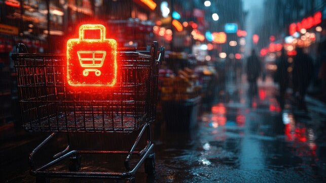 Neon Shopping Cart on Wet City Street at Night.