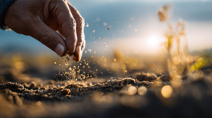 A farmer's hand carefully sowing seeds in fertile soil, surrounded by a warm glow