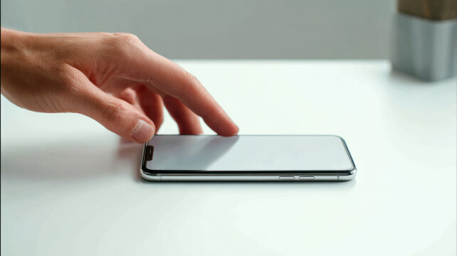 A person's hand interacting with a sleek smartphone on a clean surface. The image highlights the technology's elegance and user interaction