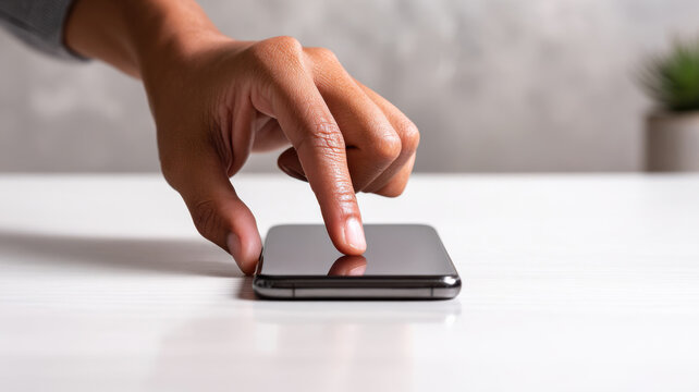 Hand touching smartphone on a clean surface