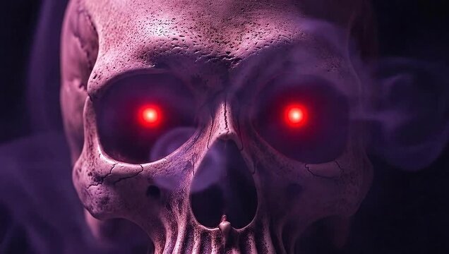 Scary Skull With Glowing Red Eyes And Purple Smoke.