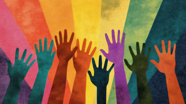 Multicolored hands reaching out to rainbow rays of light, illustrating the concept of unity and inclusivity