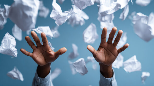 Hands reaching up towards falling papers, capturing a moment of release and freedom. A close-up shot that evokes feelings of weightlessness and letting go.