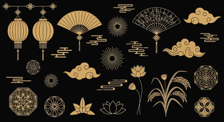 Elegant Chinese Design Elements Fan, Lantern, Cloud, and Floral Motifs in Golden Hues on Black