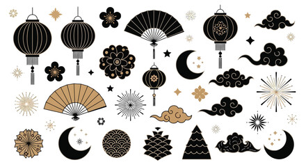 Elegant Lunar New Year Decorations Lamps, Fans, and Celestial Elements in a Festive Vector Set