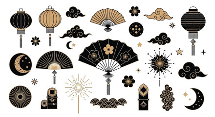 Elegant Asian-Themed Icons and Decorative Elements Set Fans, Lanterns, Clouds, and Ornaments