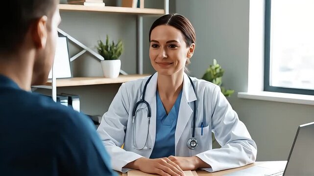 Doctor consulting with patient in office setting, medical examination.