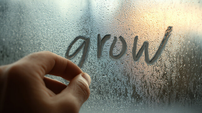 The word grow is being written on a foggy window with a hand. It's a reminder of new beginnings and personal development
