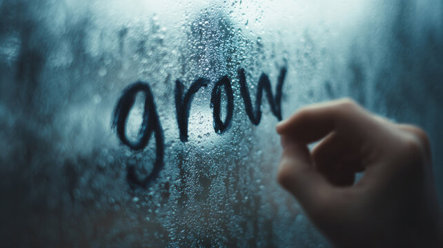 A hand writing the word grow on a foggy window pane, conveying themes of growth and development.