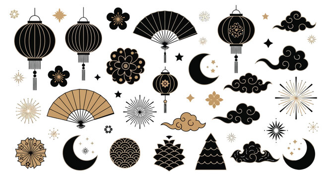 Elegant Lunar New Year Decorations Lamps, Fans, and Celestial Elements in a Festive Vector Set