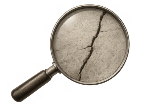 Magnifying glass examining cracked earth, discovering drought, soil damage, and environmental degradation, transparent background - Powered by Adobe