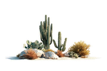 Desert flora featuring cacti, rocks, and foliage against a plain background, cut-out style