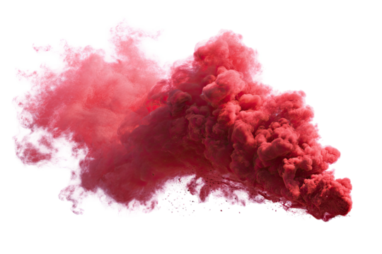 A vibrant plume of pink and red smoke swirls against a stark black background, creating an abstract design