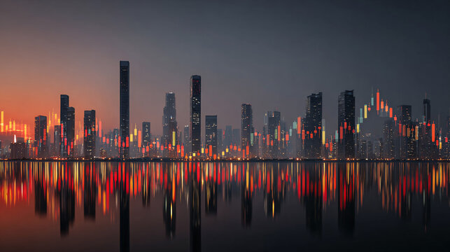 Financial Market Trading Candlestick Charts with City Skyline Reflection at Sunset