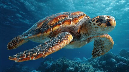 Obraz premium A green sea turtle glides effortlessly through the ocean, surrounded by vibrant coral formations. Sunlight filters through the water, creating a serene underwater scene.