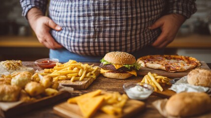A person stands near a table filled with various fast food items, including a large burger, fries, pizza, and different appetizers, all set in a casual dining environment.