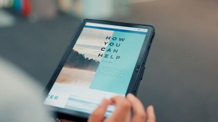 Hands, tablet and screen with sign up for volunteering program, accountability and scroll on web. Person, tech and display with ux for homepage, website or registration for social responsibility