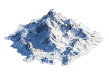 Isolated snow-covered mountain with rocky, rugged terrain. Rendering suggests sunlight
