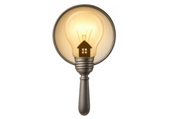 Magnifying glass finding house idea, glowing lightbulb representing home search solution and real estate innovation concept